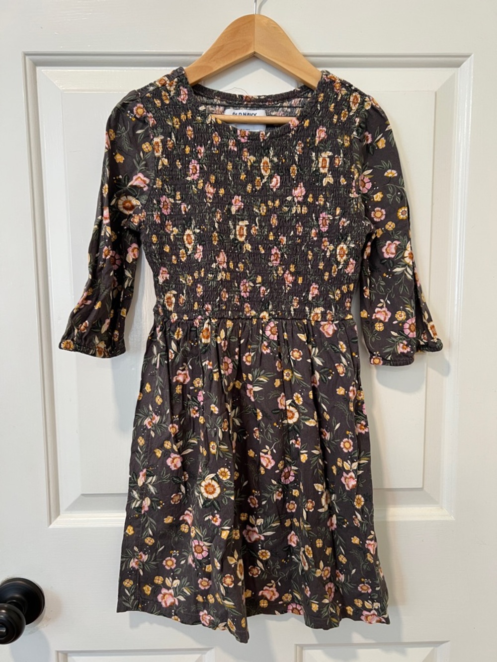 Old Navy Black Floral Smocked Casual Dress with Pink & Yellow Blooms